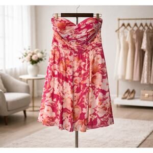 Donna Morgan Strapless Dress 14 Pink Orange Floral Chiffon Party Wedding Prom